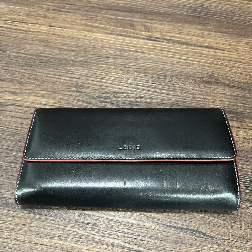 LODIS Black Large Leather Wallet ID Holder, Red Interior